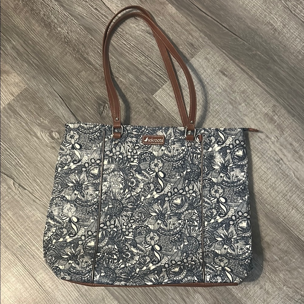 Sakroots Blue and Brown Tote Bag with Leather Handles